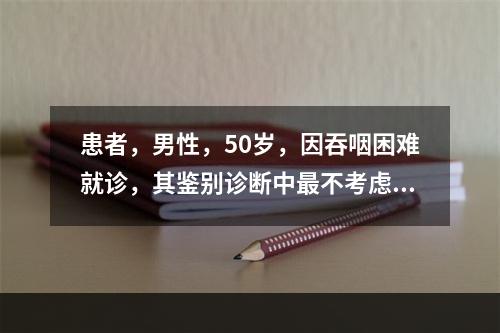 患者，男性，50岁，因吞咽困难就诊，其鉴别诊断中最不考虑的疾