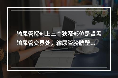 输尿管解剖上三个狭窄部位是肾盂输尿管交界处，输尿管膀胱壁段和