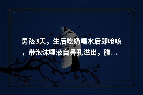 男孩3天，生后吃奶喝水后即呛咳，带泡沫唾液自鼻孔溢出，腹胀气