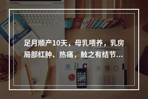 足月顺产10天，母乳喂养，乳房局部红肿、热痛，触之有结节、疼