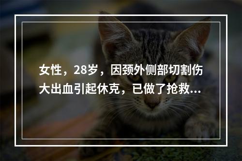 女性，28岁，因颈外侧部切割伤大出血引起休克，已做了抢救。反