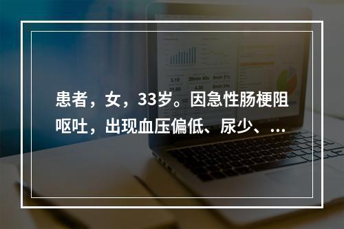 患者，女，33岁。因急性肠梗阻呕吐，出现血压偏低、尿少、口渴