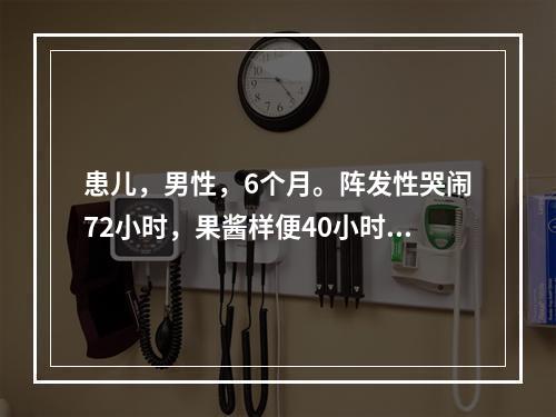 患儿，男性，6个月。阵发性哭闹72小时，果酱样便40小时，精