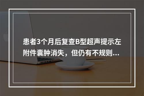 患者3个月后复查B型超声提示左附件囊肿消失，但仍有不规则出血