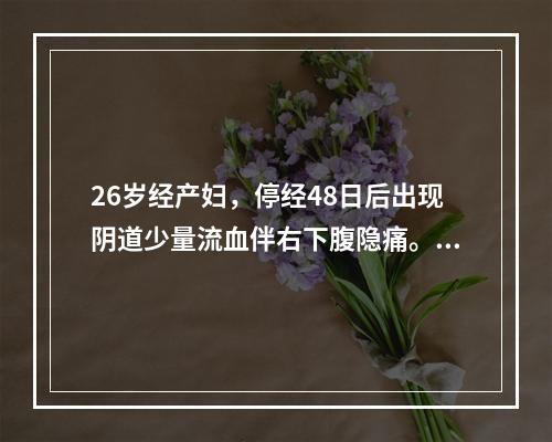 26岁经产妇，停经48日后出现阴道少量流血伴右下腹隐痛。今晨