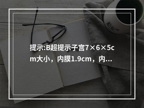 提示:B超提示子宫7×6×5cm大小，内膜1.9cm，内见位