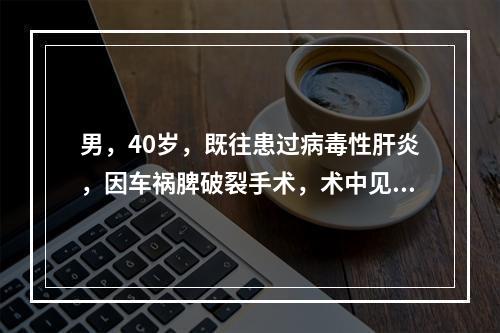 男，40岁，既往患过病毒性肝炎，因车祸脾破裂手术，术中见脾肿