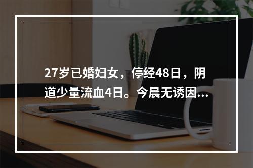 27岁已婚妇女，停经48日，阴道少量流血4日。今晨无诱因出现