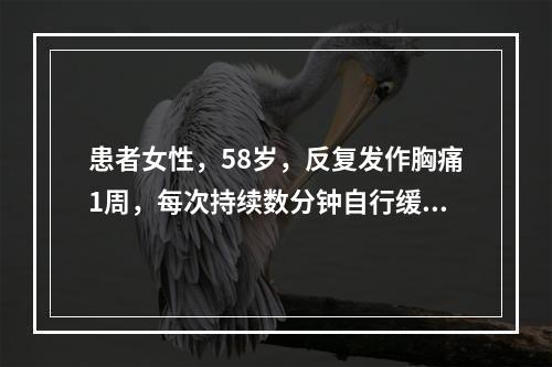 患者女性，58岁，反复发作胸痛1周，每次持续数分钟自行缓解。