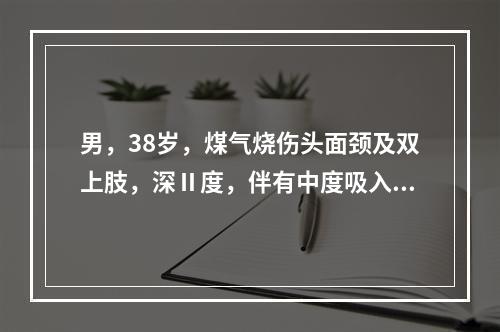 男，38岁，煤气烧伤头面颈及双上肢，深Ⅱ度，伴有中度吸入性损