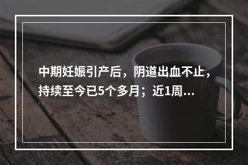 中期妊娠引产后，阴道出血不止，持续至今已5个多月；近1周咳血