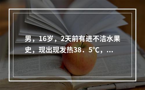 男，16岁，2天前有进不洁水果史，现出现发热38．5℃，腹痛