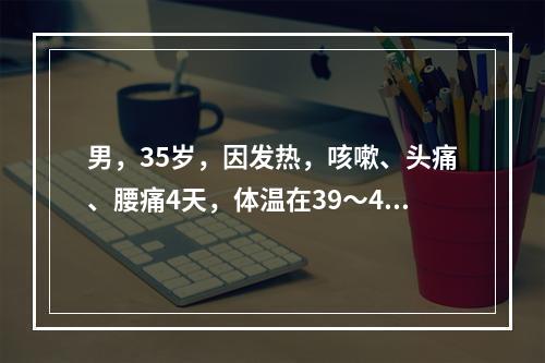 男，35岁，因发热，咳嗽、头痛、腰痛4天，体温在39～40℃