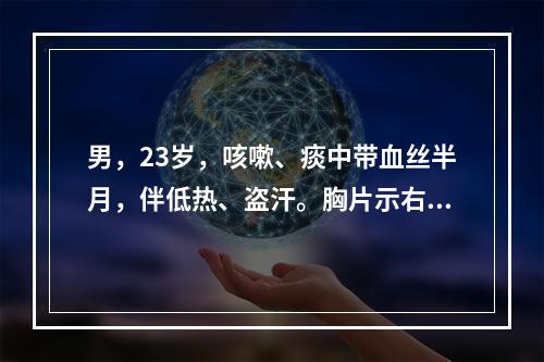 男，23岁，咳嗽、痰中带血丝半月，伴低热、盗汗。胸片示右上肺