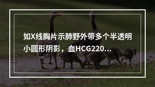 如X线胸片示肺野外带多个半透明小圆形阴影，血HCG220ng