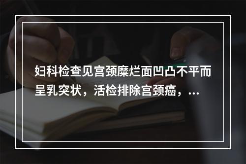 妇科检查见宫颈糜烂面凹凸不平而呈乳突状，活检排除宫颈癌，应诊