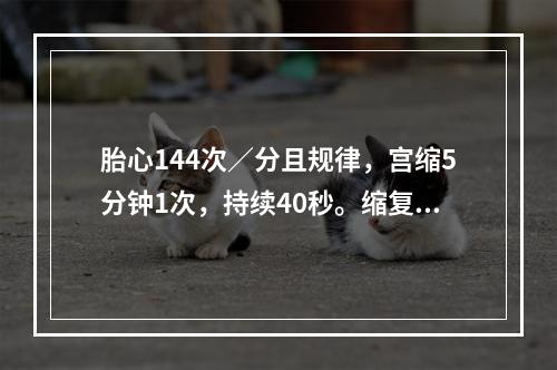 胎心144次／分且规律，宫缩5分钟1次，持续40秒。缩复环在