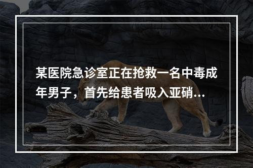 某医院急诊室正在抢救一名中毒成年男子，首先给患者吸入亚硝酸异