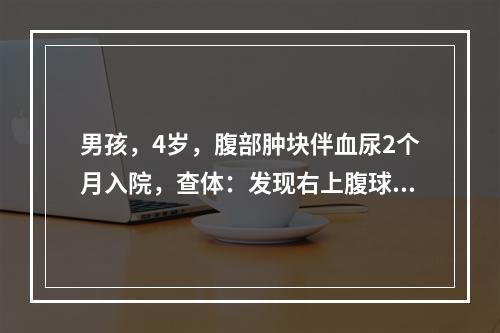 男孩，4岁，腹部肿块伴血尿2个月入院，查体：发现右上腹球状肿