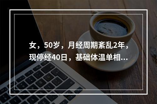 女，50岁，月经周期紊乱2年，现停经40日，基础体温单相，宫