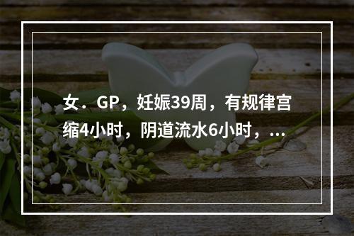 女．GP，妊娠39周，有规律宫缩4小时，阴道流水6小时，宫口