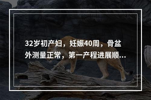 32岁初产妇，妊娠40周，骨盆外测量正常，第一产程进展顺利，