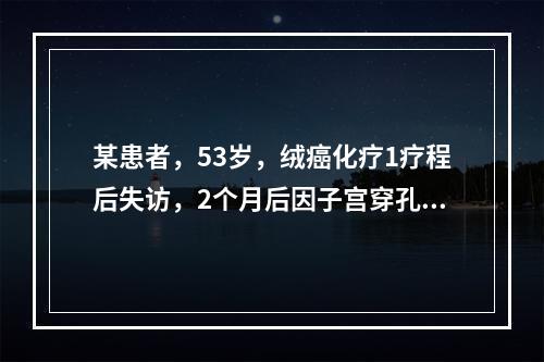 某患者，53岁，绒癌化疗1疗程后失访，2个月后因子宫穿孔、大