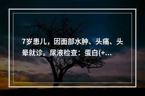 7岁患儿，因面部水肿、头痛、头晕就诊。尿液检查：蛋白(++)