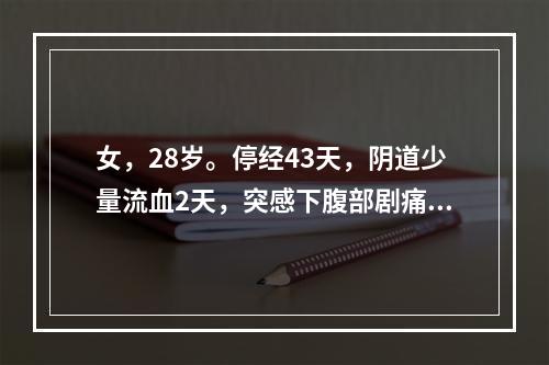 女，28岁。停经43天，阴道少量流血2天，突感下腹部剧痛，伴