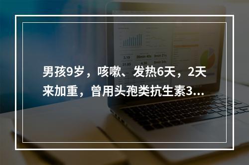 男孩9岁，咳嗽、发热6天，2天来加重，曾用头孢类抗生素3天无