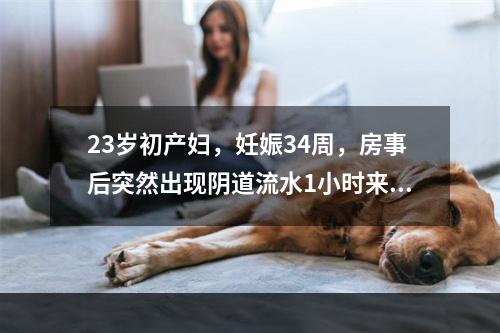 23岁初产妇，妊娠34周，房事后突然出现阴道流水1小时来诊。