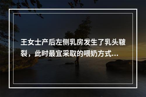 王女士产后左侧乳房发生了乳头皲裂，此时最宜采取的喂奶方式为（