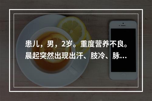 患儿，男，2岁。重度营养不良。晨起突然出现出汗、肢冷、脉弱、