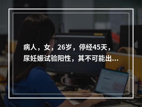 病人，女，26岁，停经45天，尿妊娠试验阳性，其不可能出现的