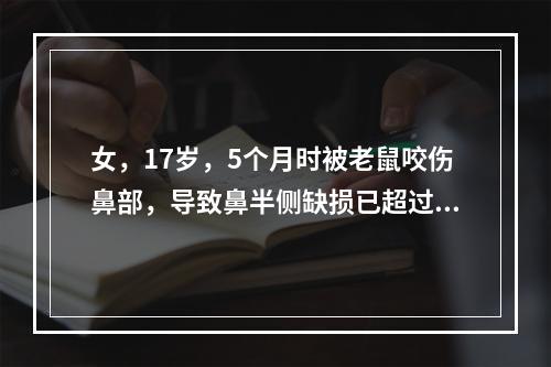 女，17岁，5个月时被老鼠咬伤鼻部，导致鼻半侧缺损已超过中线