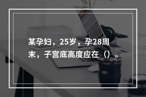 某孕妇，25岁，孕28周末，子宫底高度应在（）。