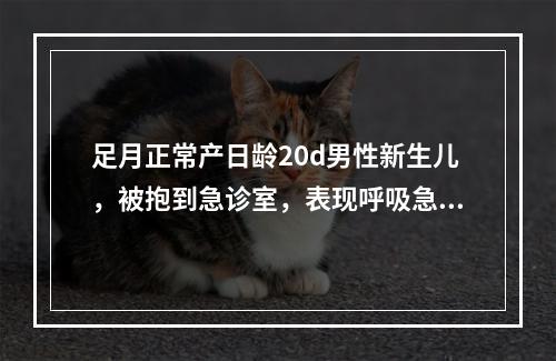 足月正常产日龄20d男性新生儿，被抱到急诊室，表现呼吸急促，