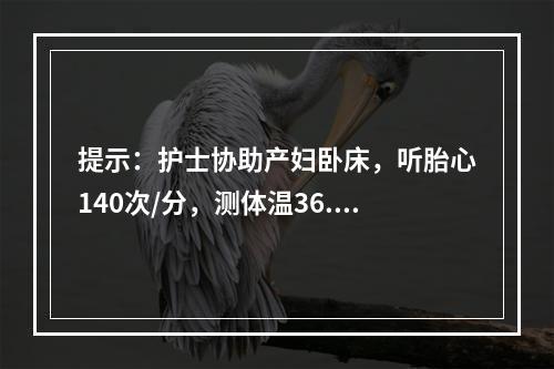 提示：护士协助产妇卧床，听胎心140次/分，测体温36.8℃