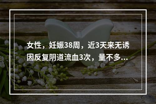 女性，妊娠38周，近3天来无诱因反复阴道流血3次，量不多，无