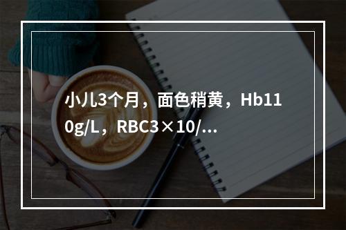 小儿3个月，面色稍黄，Hb110g/L，RBC3×10/L，