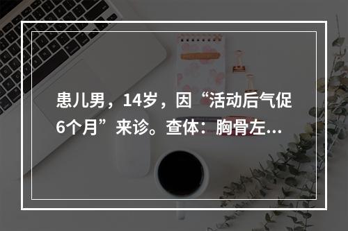 患儿男，14岁，因“活动后气促6个月”来诊。查体：胸骨左缘第