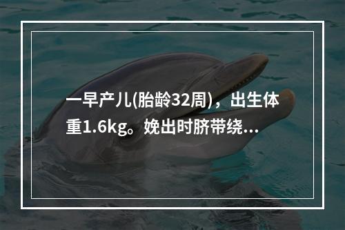 一早产儿(胎龄32周)，出生体重1.6kg。娩出时脐带绕颈，