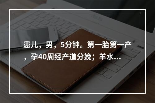 患儿，男，5分钟。第一胎第一产，孕40周经产道分娩；羊水Ⅱ度