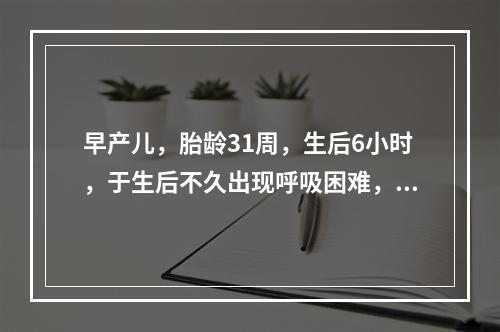 早产儿，胎龄31周，生后6小时，于生后不久出现呼吸困难，呻吟