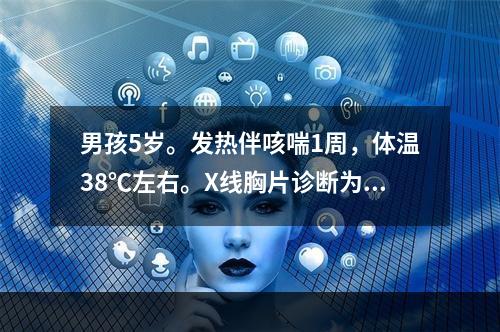 男孩5岁。发热伴咳喘1周，体温38℃左右。X线胸片诊断为支气