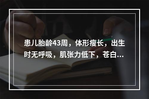 患儿胎龄43周，体形瘦长，出生时无呼吸，肌张力低下，苍白，全