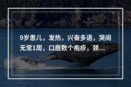 9岁患儿，发热，兴奋多语，哭闹无常1周，口唇数个疱疹，颈软，