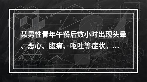 某男性青年午餐后数小时出现头晕、恶心、腹痛、呕吐等症状。呕吐