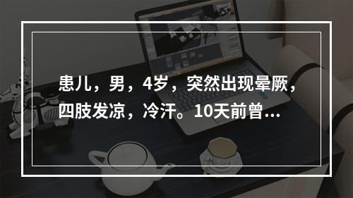 患儿，男，4岁，突然出现晕厥，四肢发凉，冷汗。10天前曾患