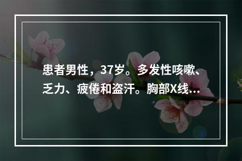 患者男性，37岁。多发性咳嗽、乏力、疲倦和盗汗。胸部X线片和